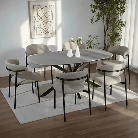BOXED SIGMA 200CM MODERN GREY DINING TABLE AND 6 BEIGE VELORA CHAIRS - BEIGE (2 BOXES)