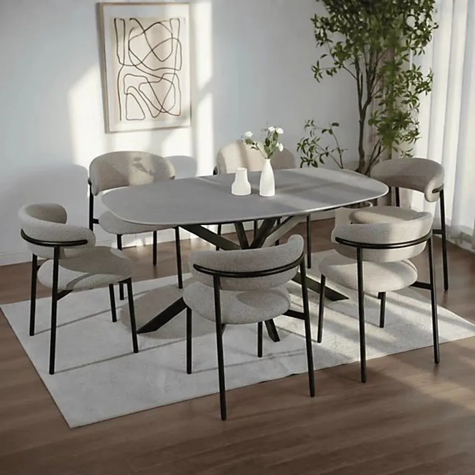 BOXED SIGMA 200CM MODERN GREY DINING TABLE AND 6 BEIGE VELORA CHAIRS - BEIGE (2 BOXES)
