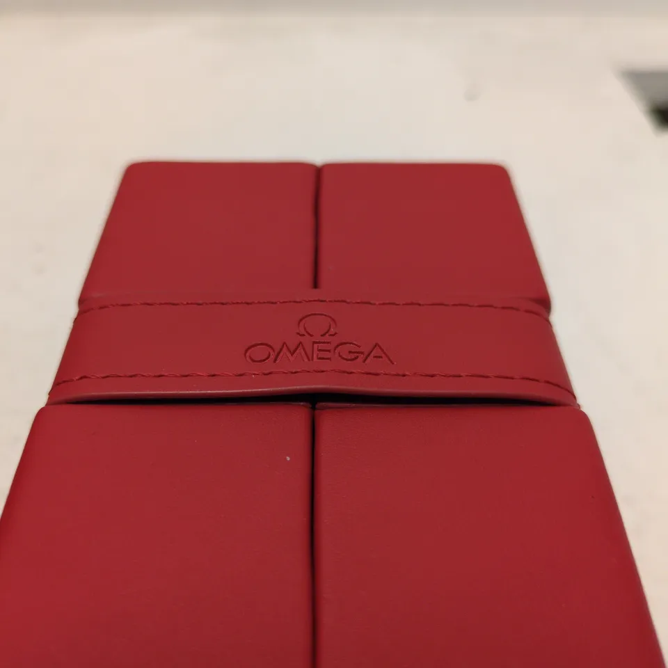 OMEGA RED LEATHER PRESENTATION WATCH BOX WITH OMEGA LOGO STRAP