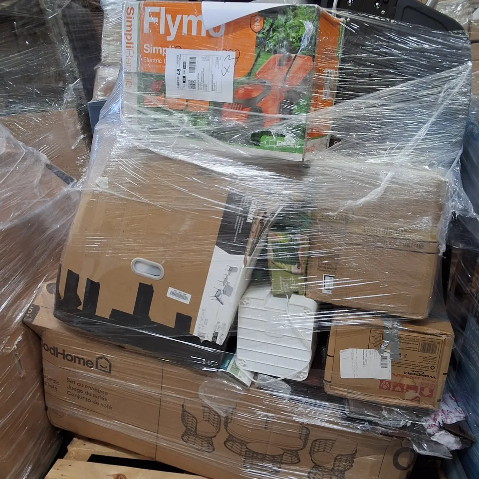 PALLET CONTAINING ASSORTED GARDEN PRODUCTS INCLUDING FURNITURE SETS, FLYMO ELECTRIC LAWN MOWER & UNIFLAME BBQ GRILL