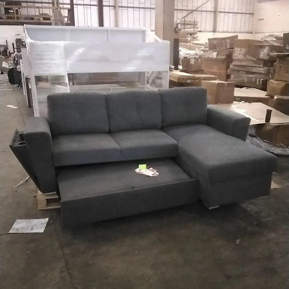 CHARCOAL GREY FABRIC MODULAR CORNER SOFA WITH A CHAISE LOUNGE AND A STORAGE COMPARTMENT
