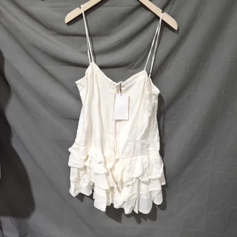 ZARA WHITE STRAPPY CAMISOLE TOP WITH TIERED RUFFLES – SIZE S 