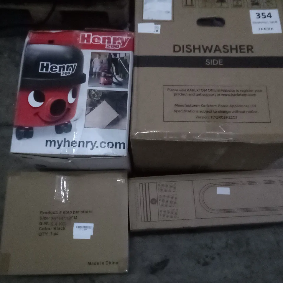 PALLET OF ASSORTED ITEMS INCLUDING DISHWASHER, COOL TOWER FAN, HENRY HOOVER, 5 STEP PET STAIRS, FOLDOUT IRONING BOARD 