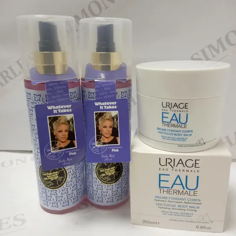 LOT OF 1 URIAGE UNCTUOUS BODY BALM 200 ML AND 2 WHATEVER IT TAKES PINK BODY MISTS 240ML