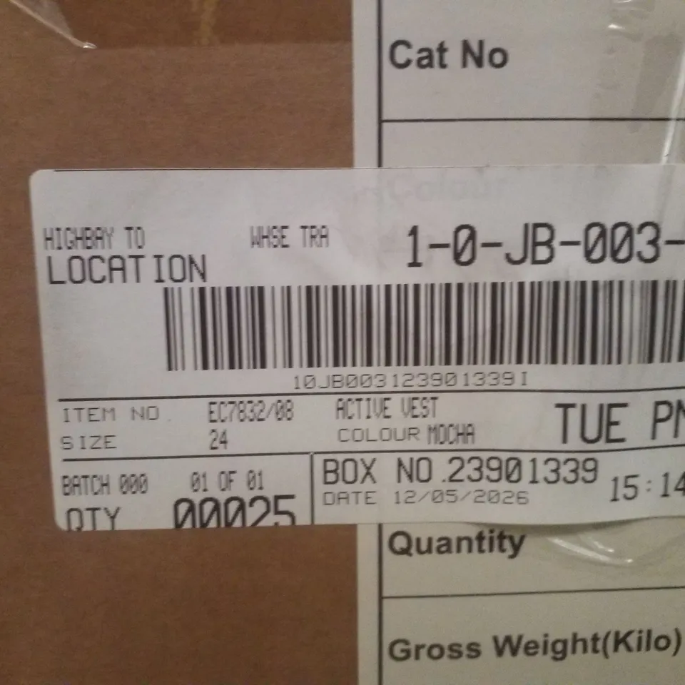 BOX CONTAINING APPROXIMATELY 25X SIMPLY BE ACTIVE VEST - COLOUR MOCHA - SIZE 24