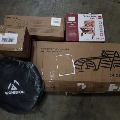 PALLET CONTAINING ASSORTED PRODUCTS INCLUDING DOG CAGE, CLOCK TOOL TABLE, CEILING LAMP, CLIMBING TRIANGLE LADDER WITH RAMP AND ARCH & POP UP TOILET TENT