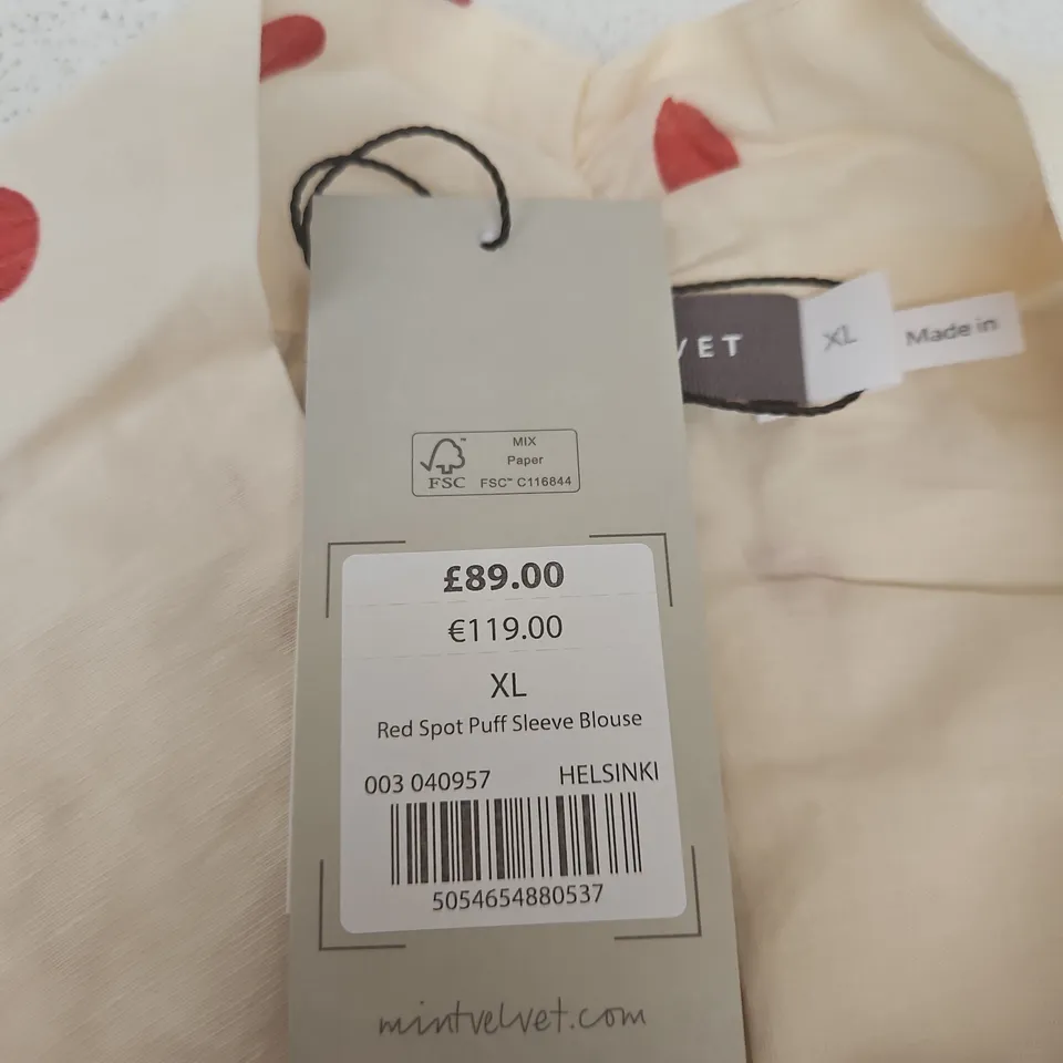 MINT VELVET RED SPOT PUFF SLEEVE BLOUSE – CREAM WITH POLKA DOTS – UK SIZE XL
