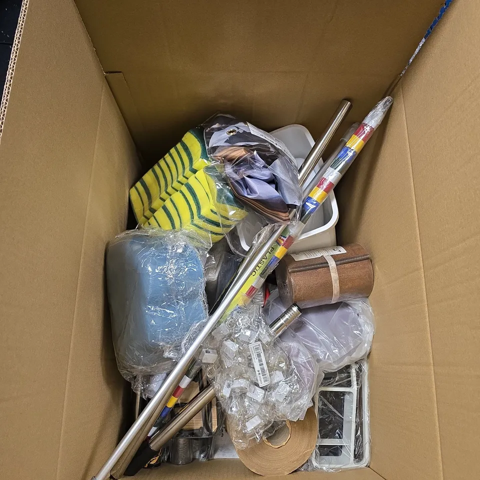 APPROXIMATELY 20 ITEMS OF BOX OF MIXED HOUSEHOLD & TOOLS ITEMS INCLUDING FINISH DISHWASHER TABLETS AND OXFORD BIKE LOCK.