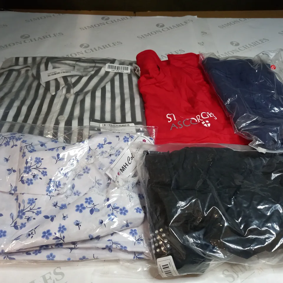  BOX OF ASSORTED CLOTHING ITEMS TOO INCLUDE DRESSES , SHIRTS AND TROUSERS IN VARIOUS SIZES AND COLOURS   
