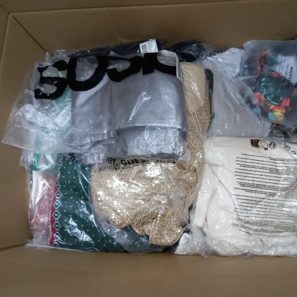 LARGE BOX OF ASSORTED CLOTHING ITEMS IN VARIOUS COLOURS AND SIZES INCLUDING TROUSERS , TOPS AND JUMPERS 