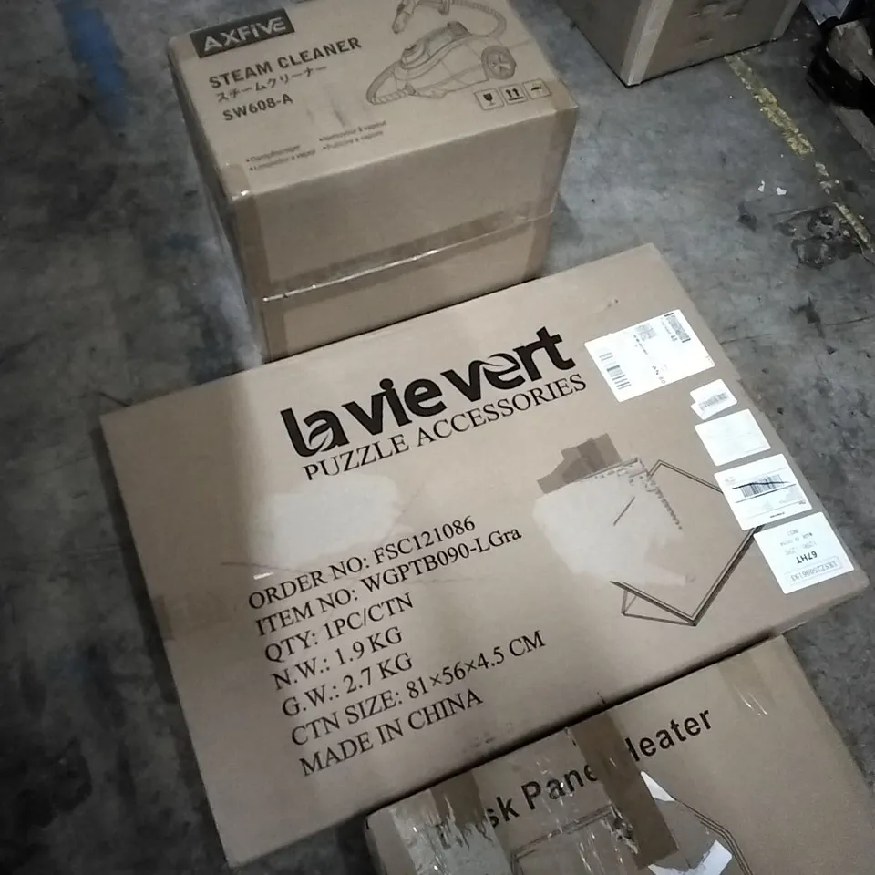 PALLET OF HOUSEHOLD ITEMS TO INCLUDE BAGGED ELECTRIC BLANKET, DESK PANEL HEATER, PUZZLE ACCESSORIES, STEAM CLEANER  AND OTHER ASSORTED ITEMS..L