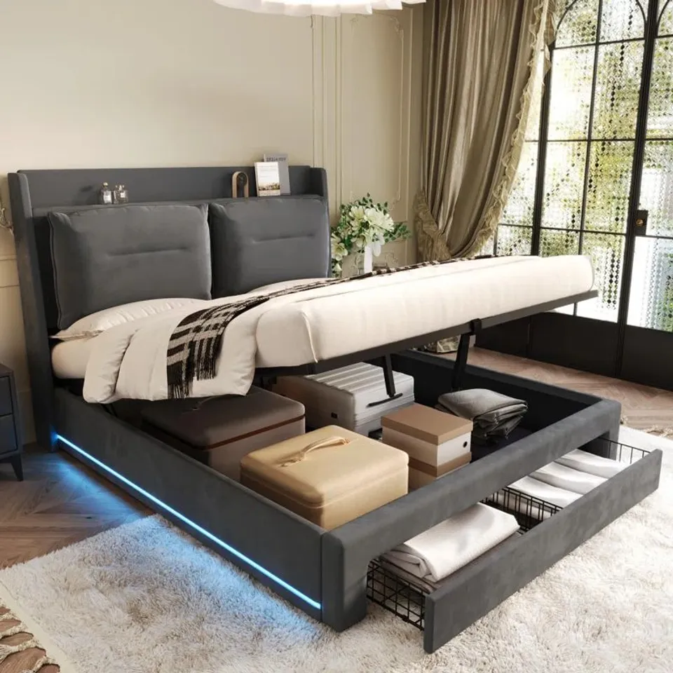 BOXED ALDEA UPHOLSTERED OTTOMAN STORAGE BED - GREY (2 BOXES)