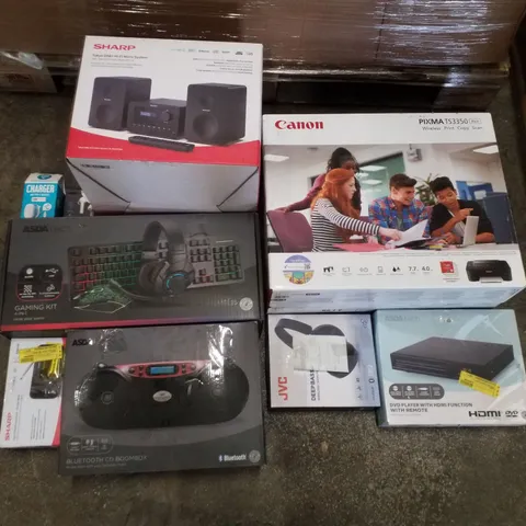 PALLET CONTAINING ASSORTED ELECTRICAL PRODUCTS INCLUDING  CANON PIXMA TS3350 PRINTER, DVD PLAYER WITH HDMI FUNCTION, BLUETOOTH CD BOOMBOX, GAMING KIT, DIGITAL RADIO & WIRELESS HEADPHONES 