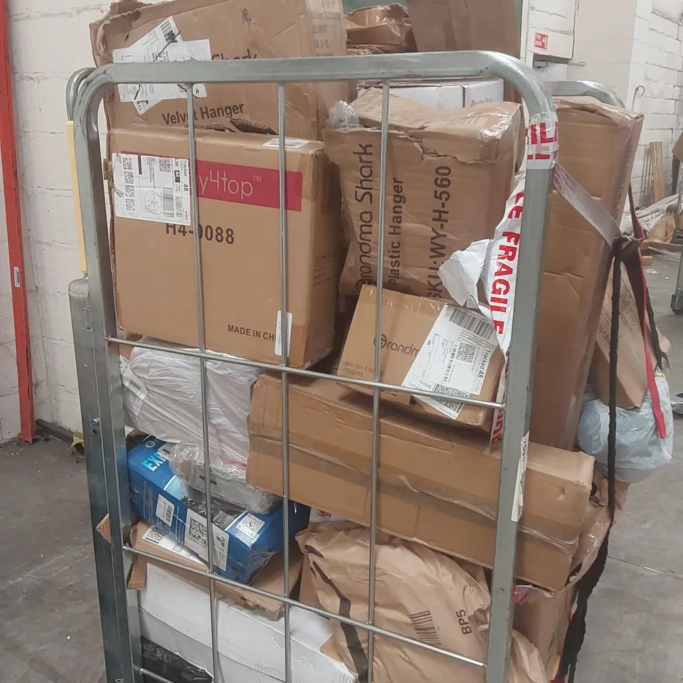 CAGE CONTAINING A LARGE QUANTITY OF ASSORTED ITEMS INCLUDING: GRANITE PESTLE & MORTAR, CLOTHES HANGERS, ACRYLIC FLOATING RACK ECT // CAGE NOT INCLUDED