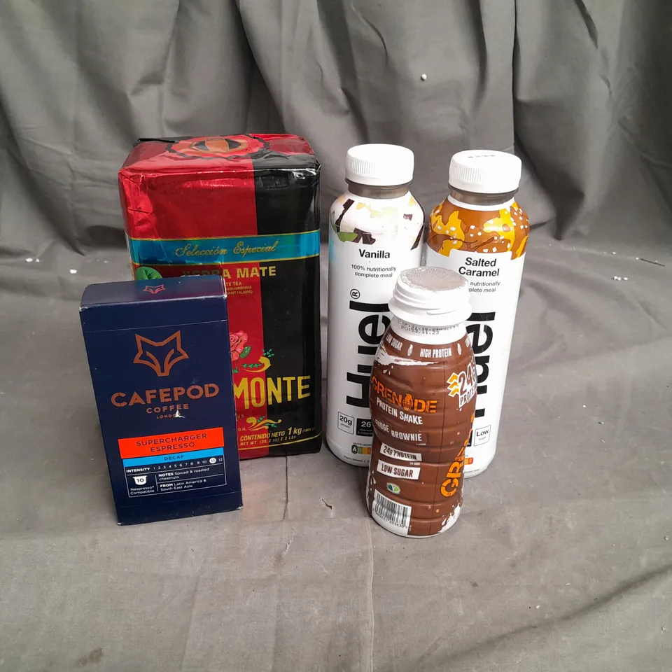 8 ASSORTED FOOD ITEMS TO INCLUDE HUEL FOOD DRINK, GRENADE PROTEIN SHAKE, CAFEPOD DECAF ESPRESSO PODS AND YERBA MATE TEA- COLLECTION ONLY