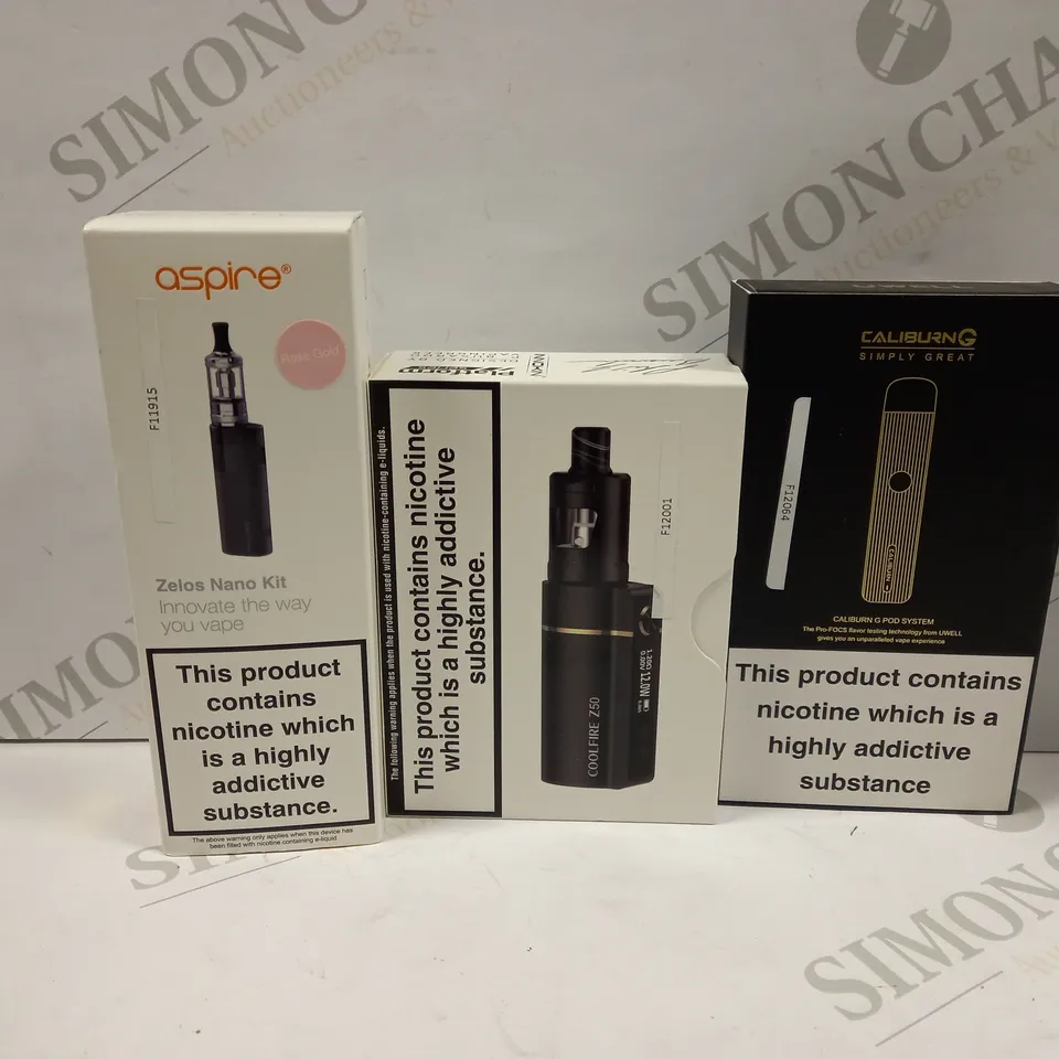 BOX OF APPROXMATELY 30 E-CIGARETTES AND LIQUIDS TO INCLUDE UWELL CALIBURN G POD SYSTEM, NIKKON COOLFIRE Z50, ASPIRE ZELOS NANO KIT, ETC