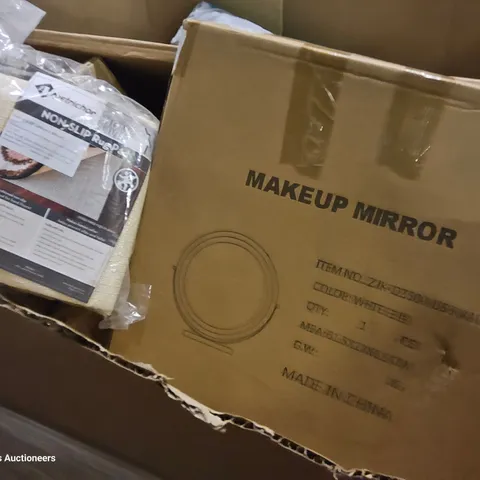 PALLET OF ASSORTED ITEMS INCLUDING, NON SLIP RUG PAD, MAKE UP MIRROR, BOXED FURNITURE ITEMS.