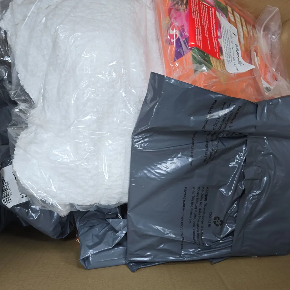 BOX OF APPROXIMATELY 10 ASSORTED HOUSEHOLD ITEMS TO INCLUDE REGULAR FIT POLO TOP IN WHITE, L'OREAL HYDRA ENERGY, ETC - COLLECTION ONLY