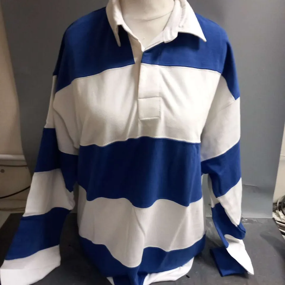 TWO FRONT ROW BLUE AND WHITE RUGBY SHIRTS SIZE XL