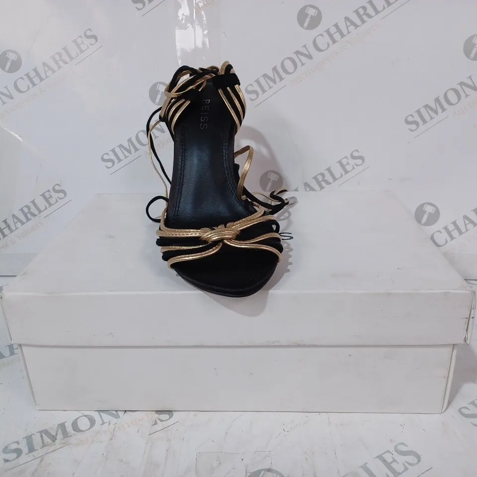 BOXED PAIR OF REISS CASSIDY STRAPPY HEELS IN BLACK/GOLD UK SIZE 4