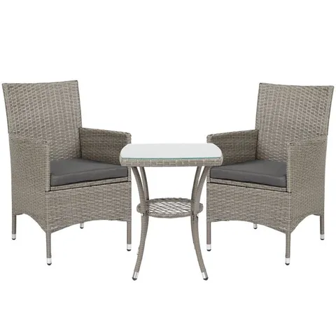 BOXED OUTSUNNY 3 PIECES RATTAN BISTRO SET, WICKER GARDEN FURNITURE SET WITH 2-TIER COFFEE TABLE AND CHAIRS, WASHABLE CUSHIONS, FOR OUTDOOR PATIO BALCONY, GREY (1 BOX)