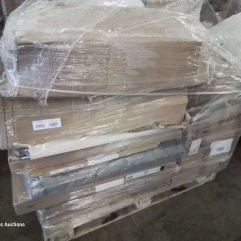 PALLET OF ASSORTED BOXED KITCHEN & BEDROOM UNITS, INCLUDING, MODULAR WHITE INTERNAL DOUBLE ROBE DRAWER, PULL & SWING CORNER UNIT, NEBRASKA OAK TALL UNIT, LINEN 800 MIRROR CABINET.