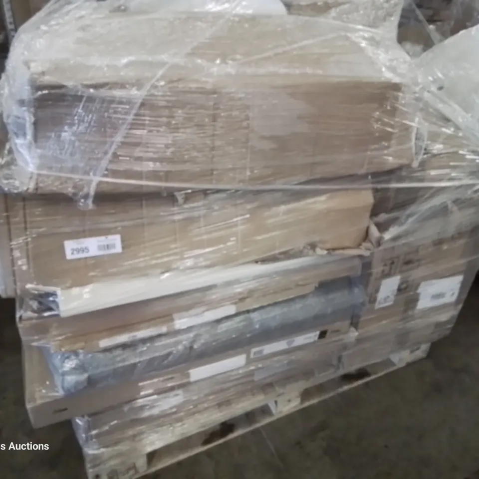 PALLET OF ASSORTED BOXED KITCHEN & BEDROOM UNITS,  INCLUDING, MODULAR WHITE INTERNAL DOUBLE ROBE DRAWER, PULL & SWING CORNER UNIT, NEBRASKA OAK TALL UNIT, LINEN 800 MIRROR CABINET.