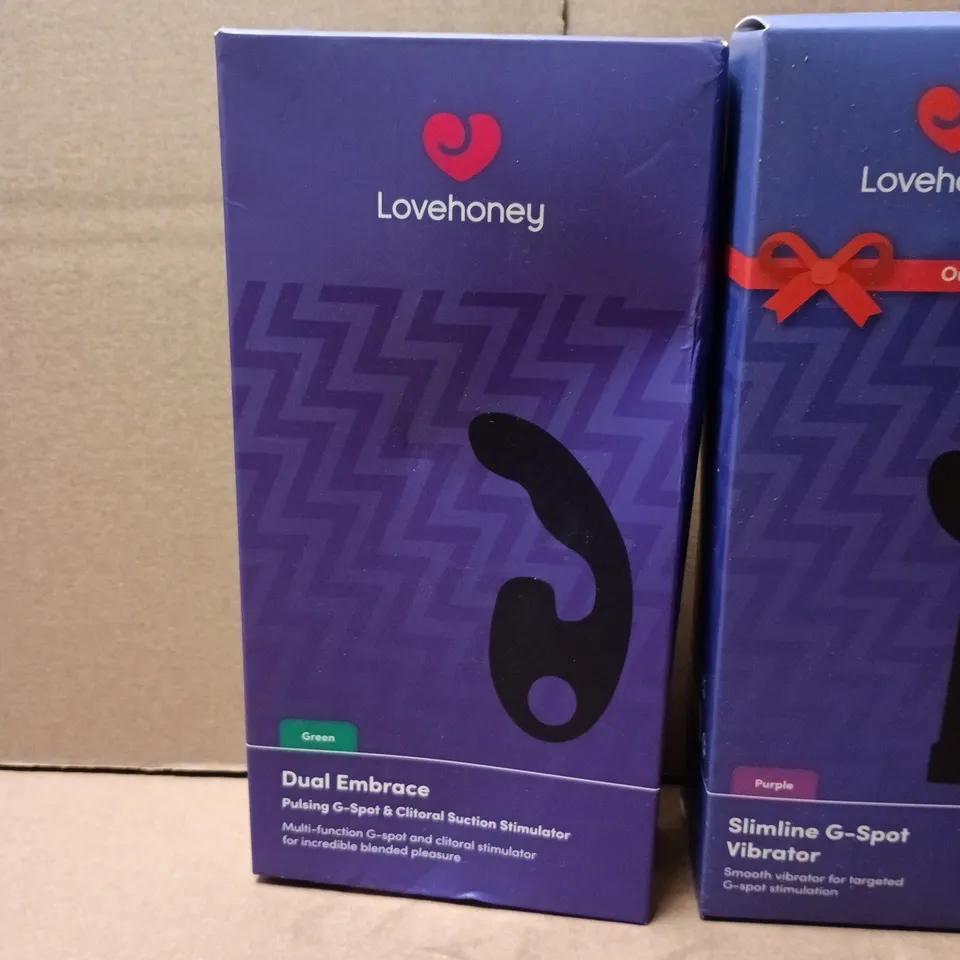 LOT OF 5 ASSORTED SEALED LOVEHONEY ADULT PLEASURE ITEMS TO INCLUDE SILICONE BUTT PLUG, G-SPOT VIBRATOR AND DUAL EMBRACE