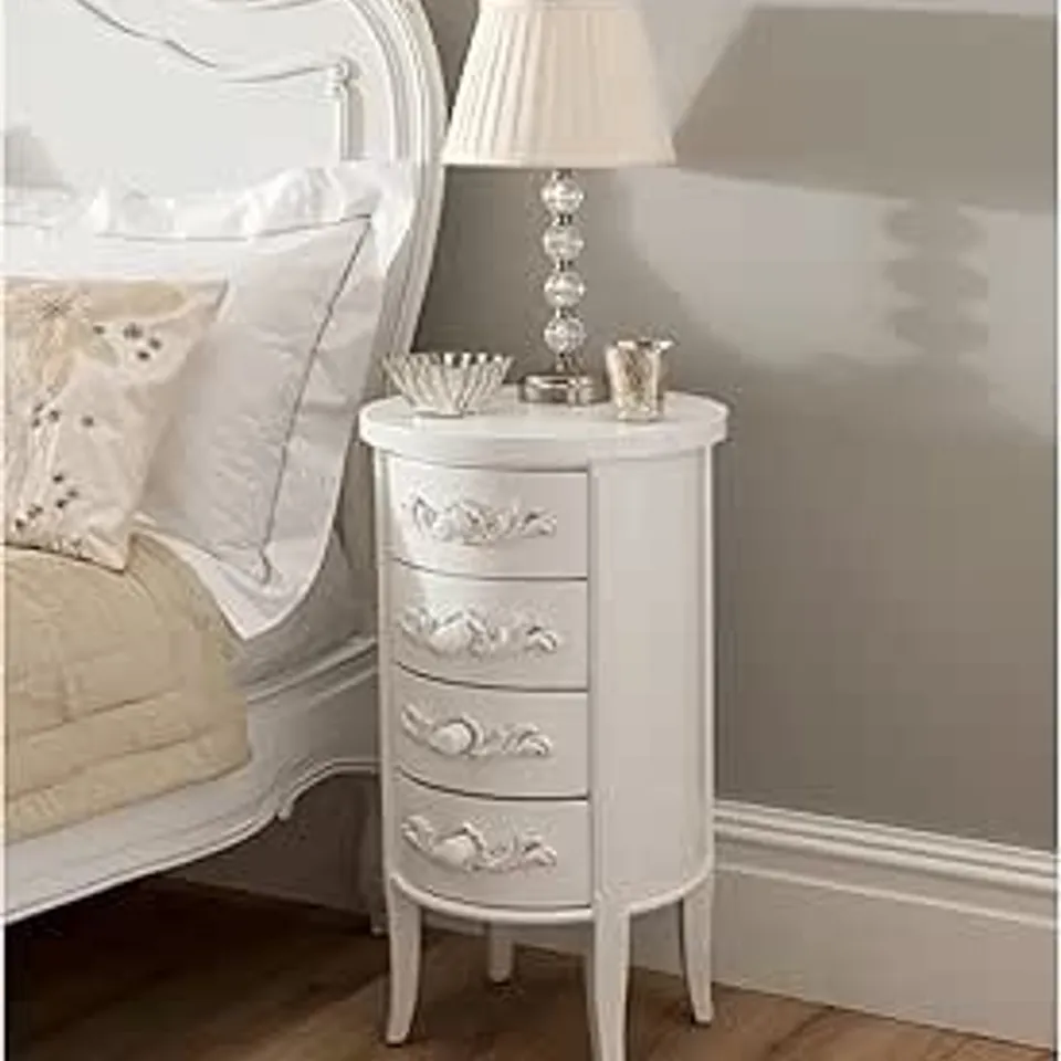 BOXED LA ROCHELLE ANTIQUE FRENCH STYLE ROUND BEDSIDE TABLE - WHITE