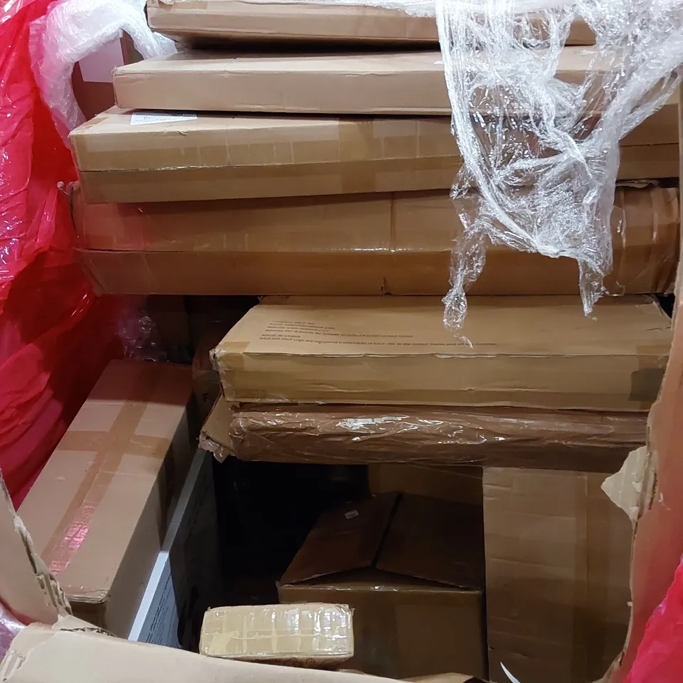PALLET OF ASSORTED HOUSEHOLD ITEMS AND CONSUMER PRODUCTS. INCLUDING CEILING FAN LIGHTS, BABY PLAYPENS, MOP, BOXED FURNITURE ETC 