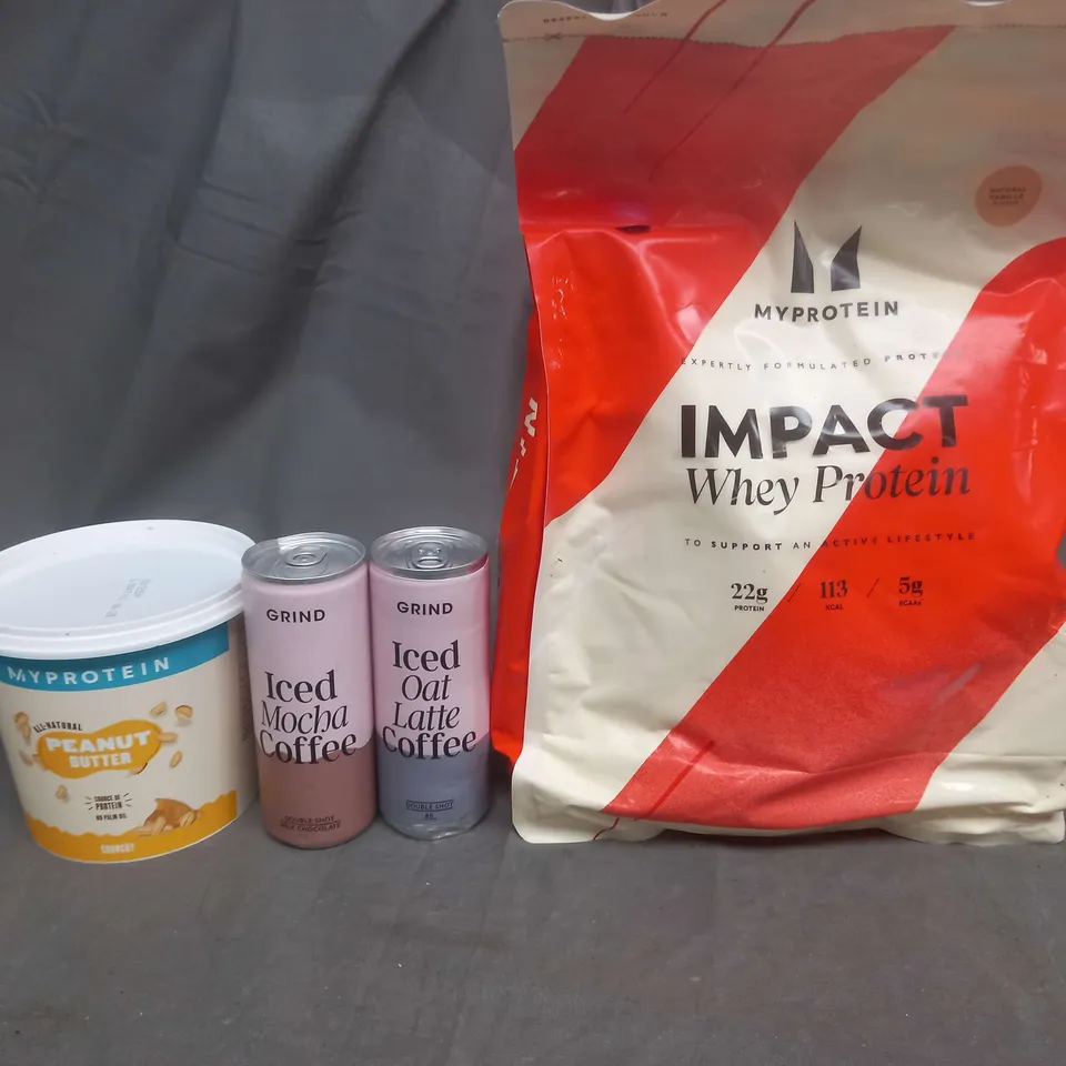 APPROXIMATELY 4 ASSORTED FOOD AND DRINK ITEMS TO INCLUDE WHEY PROTEIN, PEANUT BUTTER AND COFFEE - COLLECTION ONLY