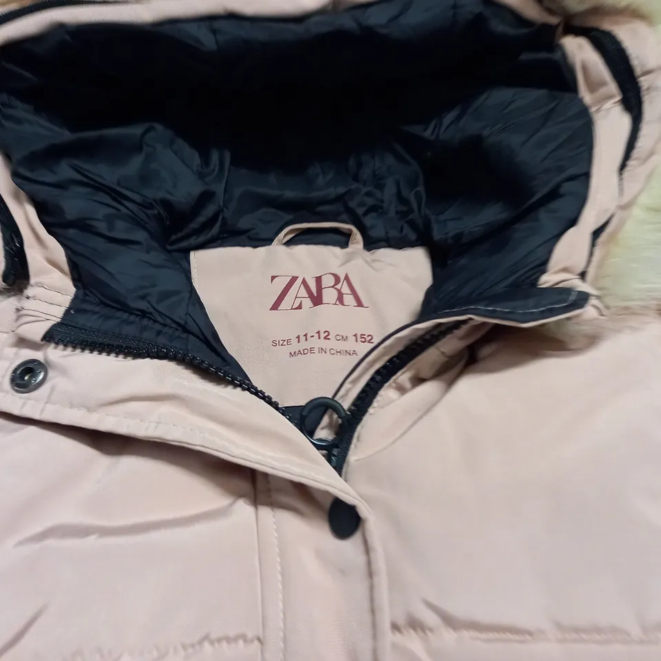 ZARA PALE PINK FAUX FUR TRIMMED HOODED COAT - 11/12 YEARS