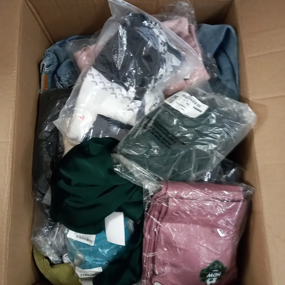 BOX OF ASSORTED CLOTHING ITEMS TOO INCLUDE JUMPERS, SHIRTS AND TROUSERS IN VARIOUS SIZES AND COLOURS   