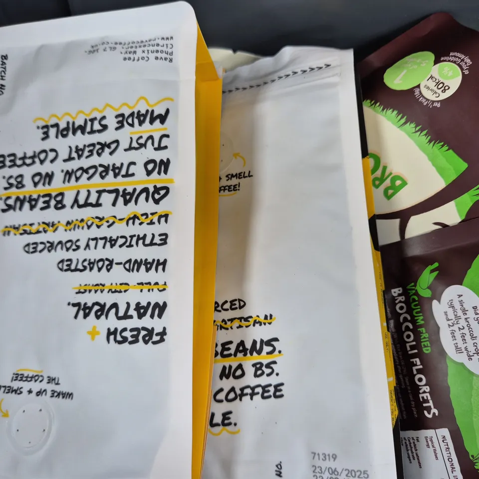 APPROXIMATELY 10 ASSORTED FOOD ITEMS TO INCLUDE RAVE COFFEE, THE GIVING TREE BROCCOLI CRISPS, ETC