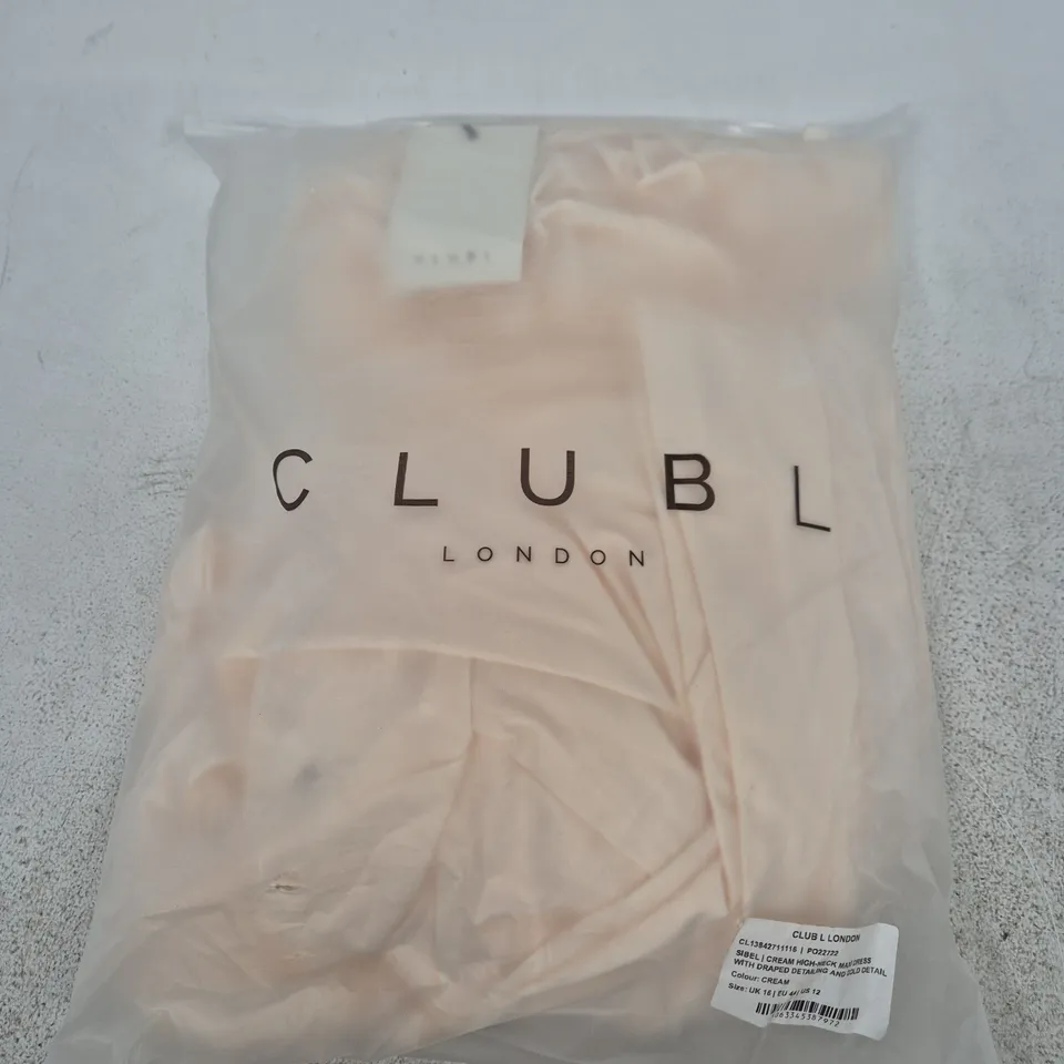 BAGGED CLUB L LONDON SIBEL HIGH-NECK MAXI DRESS, CREAM, UK 16