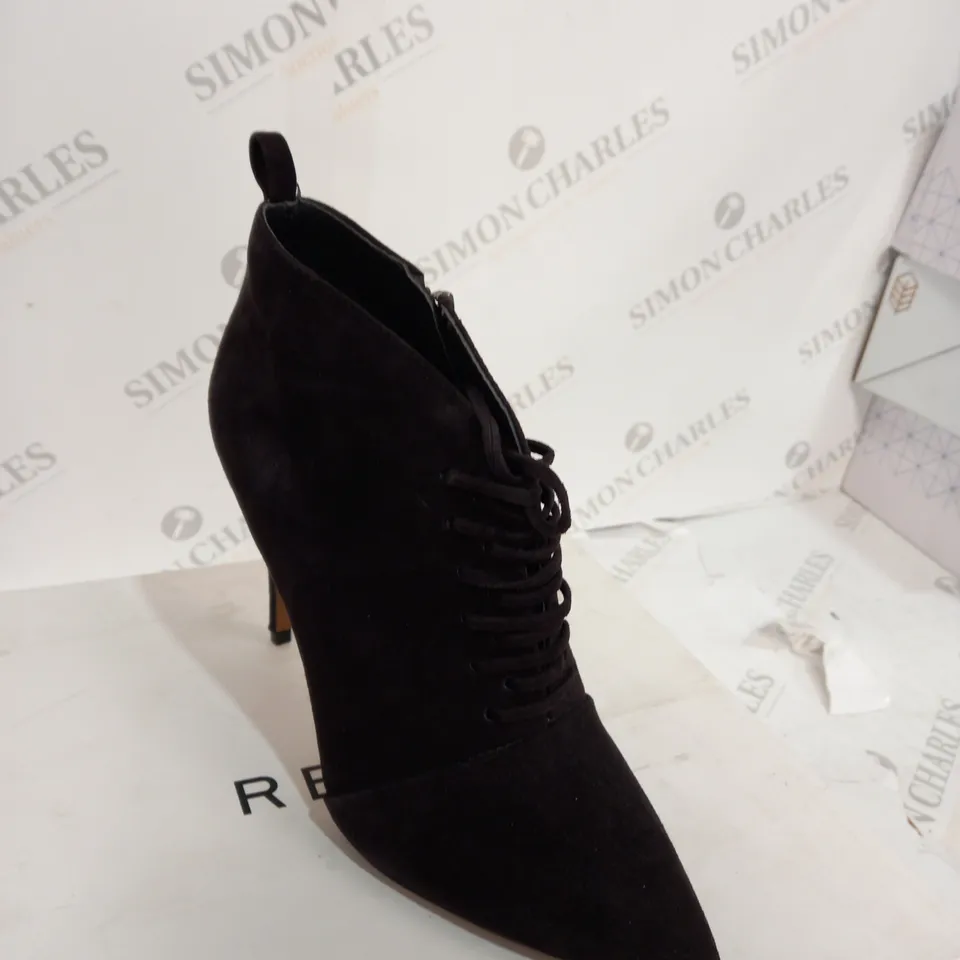 BOXED REISS SUEDE CHOCOLATE BOOT HEELS - SIZE 6