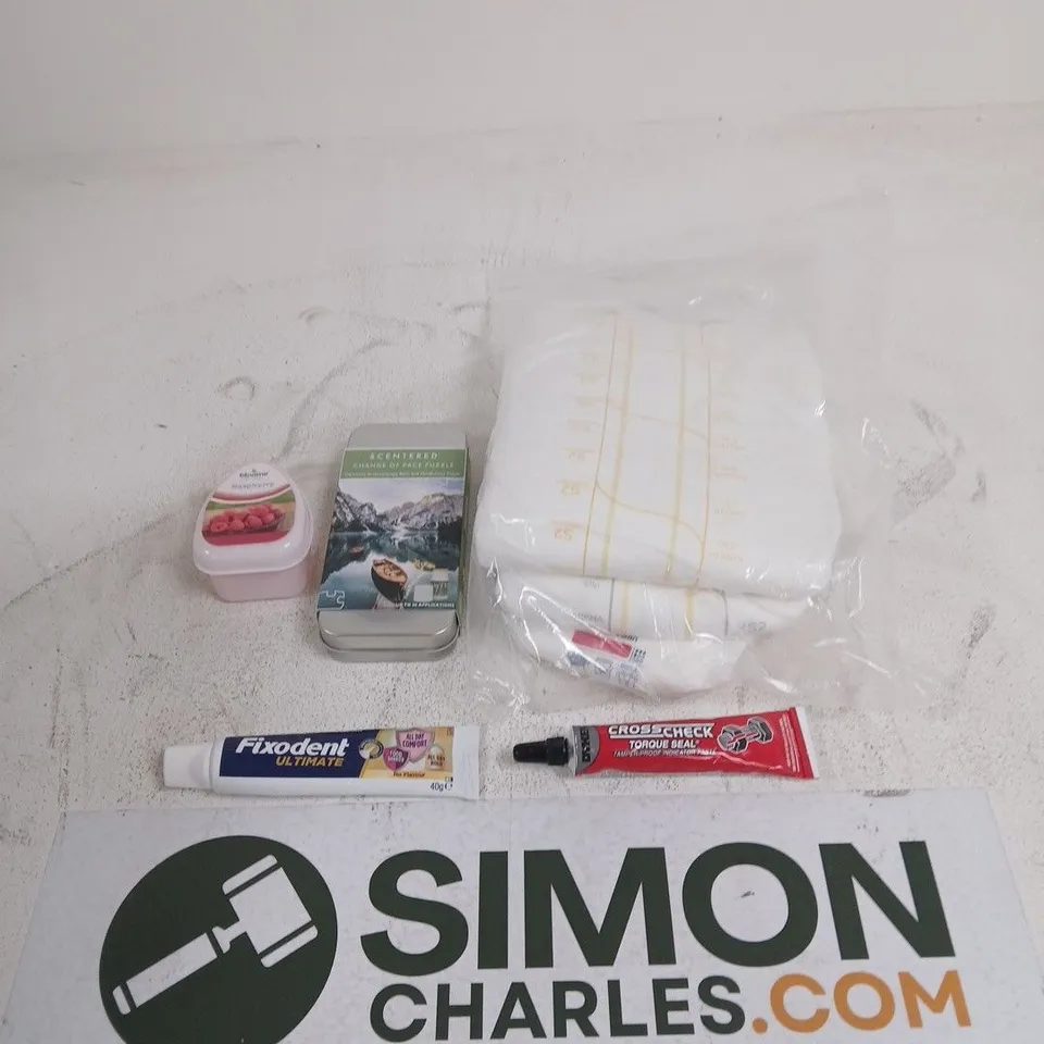BOX OF APPROXIMATELY 15 ASSORTED HOUSEHOLD ITEMS TO INCLUDE SCENTERED CHANGE OF PACE PUZZLE, FIXODENT PASTE AND CROSS CHECK TORQUE SEAL