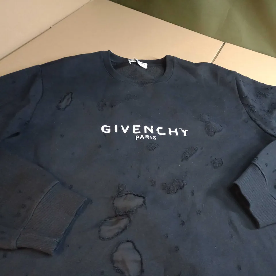 GIVENCHY BLACK/LOGO DESTRESSED CREW NECK SWEATER - LARGE