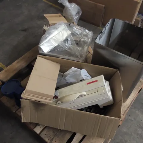 PALLET OF ASSORTED ITEMS INCLUDING DAMAGED VICES, MEAT WRAPPER ECT