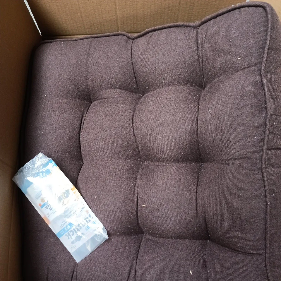 BOX OF APPROXIMATELY INCLUDING DOGGY SUNSTICK, A WOVEN BASKET AND A DISTANCE MEASURING WHEEL
