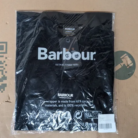 BAGGED BARBOUR INTERNATIONAL FORMULA POLO TOP IN BLACK SIZE MEDIUM