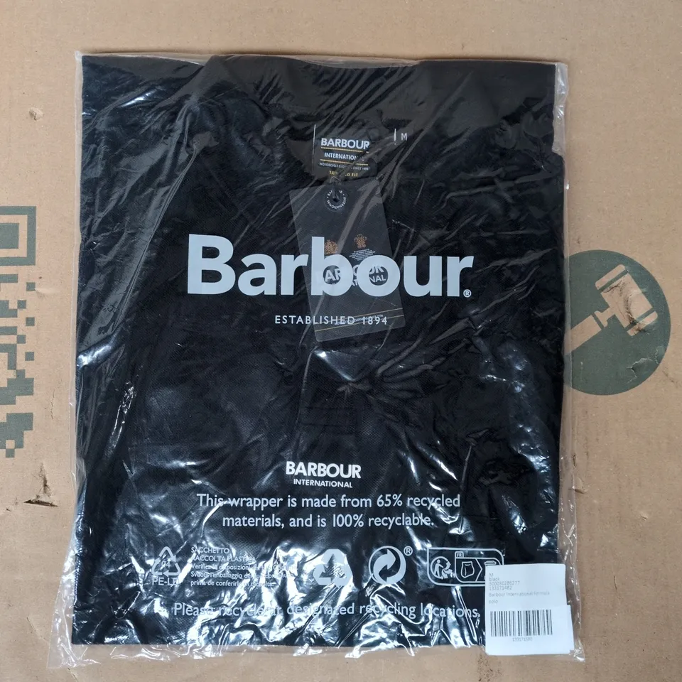 BAGGED BARBOUR INTERNATIONAL FORMULA POLO TOP IN BLACK SIZE MEDIUM