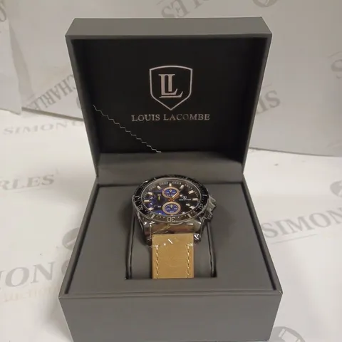 MENS LOUIS LACOMBE CHRONGRAPH WATCH β 3 SUB DIALS β BLACK CASE β LEATHER STRAP