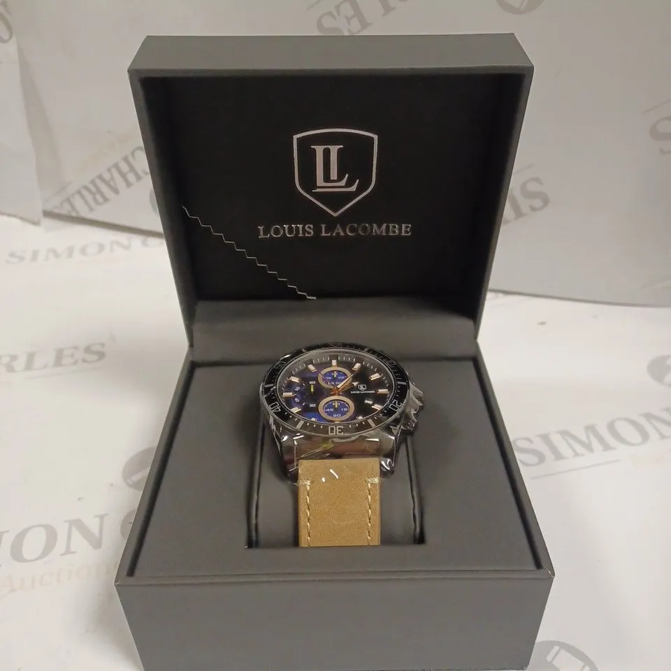 MENS LOUIS LACOMBE CHRONGRAPH WATCH – 3 SUB DIALS – BLACK CASE – LEATHER STRAP