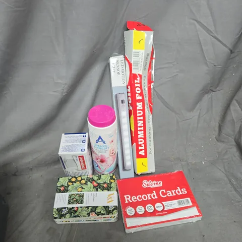 APPROXIMATELY 12 ASSORTED HOUSEHOLD ITEMS TO INCLUDE LED MOTION SENSOR LIGHT, MINI NOTEBOOK SET, LEUKOPLAST WET WIPE, ETC