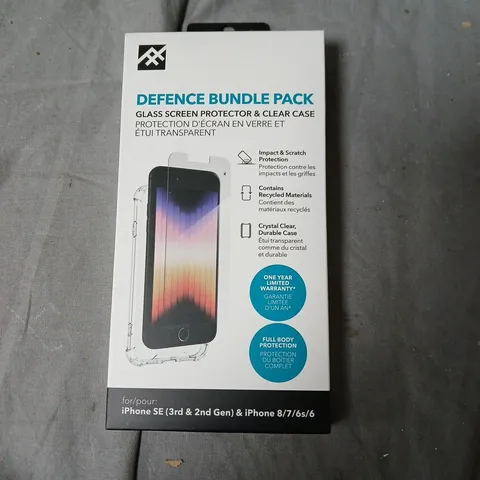 BOX OF APPROXIMATELY 100 DEFENCE BUNDLE PACK – GLASS SCREEN PROTECTOR & CLEAR CASE FOR IPHONE SE (3RD/2ND GEN) AND IPHONE 8/7/6S/6
