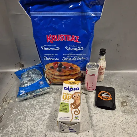 APPROXIMATELY 6 ASSORTED FOOD/DRINK PRODUCTS TO INCLUDE ALPRO, PANCAKE MIX, SMOKED SEA SALT ETC