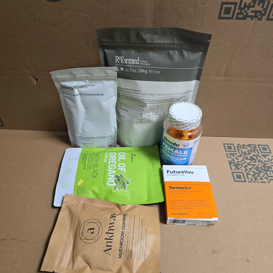 APPROXIMATELY 12 ASSORTED VITAMIN/HEALTH AID PRODUCTS TO INCLUDE REFORMED CEREMONIAL MATCHA, ELAVATE FEMALE MULTIVITAMINS, ANKHWAY MUSHROOM GUMMIES, ETC - COLLECTION ONLY