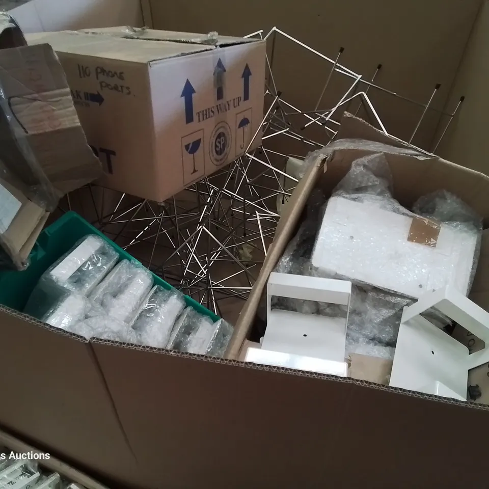 PALLET OF ASSORTED ITEMS, INCLUDING PHONE & ETHERNET WALL PLUGS, WIRE STANDS, METAL WALL HOLDERS 