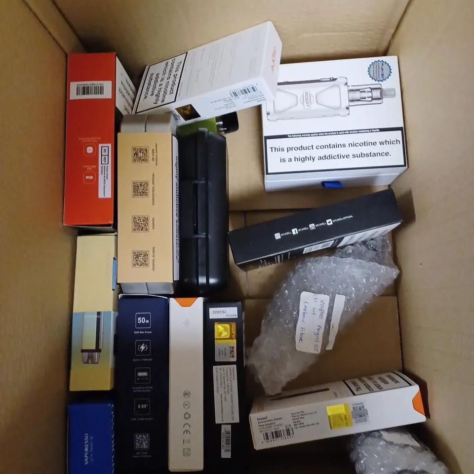 BOX OF APPROXIMATELY 30 E-CIGARETTE PRODUCTS TO INCLUDE UWELL CALIBURN, ASPIRE FLEXUS, GEEKVAPE L200 ETC